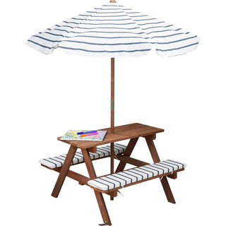Small Wooden Picnic Table Bench Set with Cushions and Parasol Garden Seating