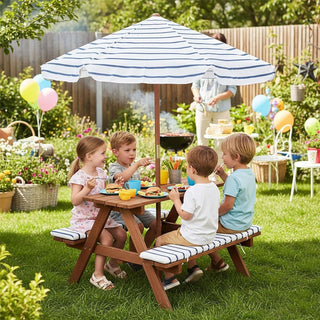 Small Wooden Picnic Table Bench Set with Cushions and Parasol Garden Seating
