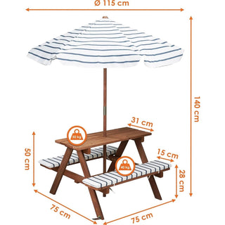Small Wooden Picnic Table Bench Set with Cushions and Parasol Garden Seating