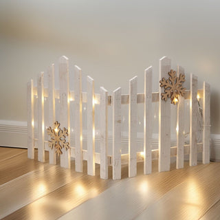 Snowflake LED Light Up Christmas Tree Fence | White Wooden Picket Fence Skirt | Festive Xmas Tree Decoration - 76 x 38cm