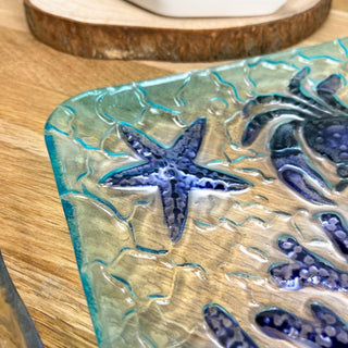 Square Glass Crab Plate | Coastal Serving Dish with Starfish & Coral Detail 20cm