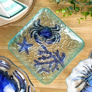 Square Glass Crab Plate | Coastal Serving Dish with Starfish & Coral Detail 20cm