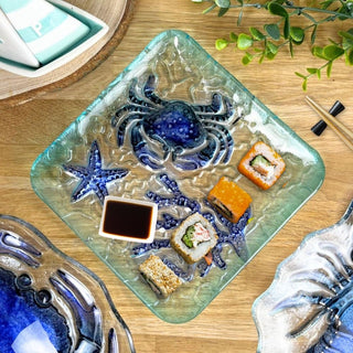 Square Glass Crab Plate | Coastal Serving Dish with Starfish & Coral Detail 20cm
