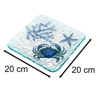 Square Glass Crab Plate | Coastal Serving Dish with Starfish & Coral Detail 20cm