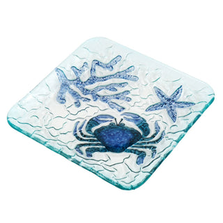 Square Glass Crab Plate | Coastal Serving Dish with Starfish & Coral Detail 20cm