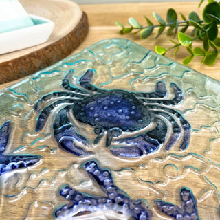Square Glass Crab Plate | Coastal Serving Dish with Starfish & Coral Detail 20cm