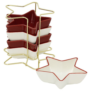 Star-Shaped Set of Snack Bowls, Ceramic Christmas Serving Bowls with Rack