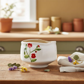 Stoneware Red Flower Medium Bowl, 11cm Ceramic Round Serving Dish for Snacks