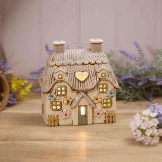 Stoneware Thatched Cottage Tea Light Holder | 18cm Ceramic House Candle Holder