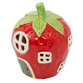 Strawberry House Tealight Holder, 15cm Red Ceramic Fairy Cottage Candle Holder