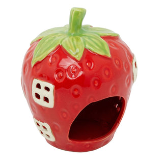 Strawberry House Tealight Holder, 15cm Red Ceramic Fairy Cottage Candle Holder