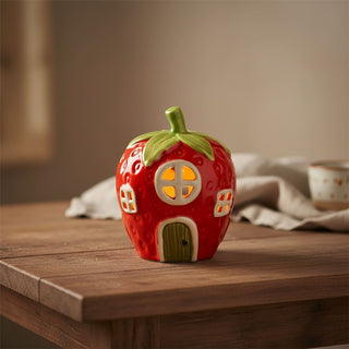 Strawberry House Tealight Holder, 15cm Red Ceramic Fairy Cottage Candle Holder