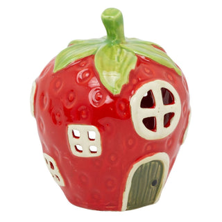 Strawberry House Tealight Holder, 15cm Red Ceramic Fairy Cottage Candle Holder