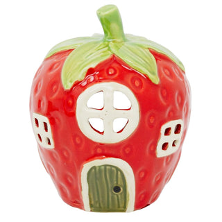 Strawberry House Tealight Holder, 15cm Red Ceramic Fairy Cottage Candle Holder