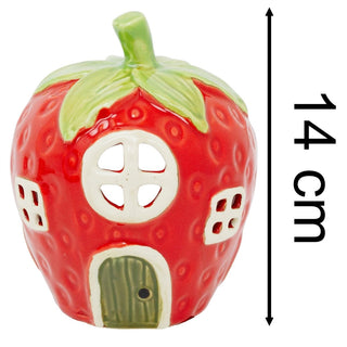 Strawberry House Tealight Holder, 15cm Red Ceramic Fairy Cottage Candle Holder