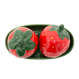 Strawberry Salt & Pepper Shakers | Novelty Fruit Ceramic Cruet Set with Tray