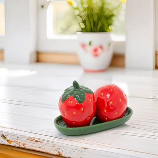 Strawberry Salt & Pepper Shakers | Novelty Fruit Ceramic Cruet Set with Tray