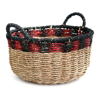 Stunning Set Of 2 Black and Red Storage Baskets ~ Small Woven Seagrass Basket