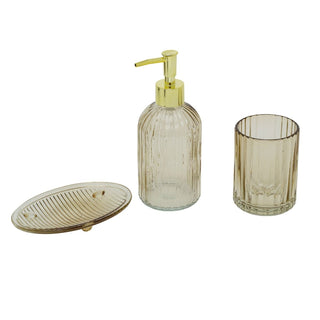 Taupe Ribbed Glass Bathroom Set, 3 Piece Soap Dispenser Tumbler and Soap Dish