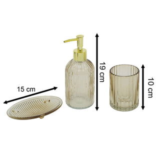 Taupe Ribbed Glass Bathroom Set, 3 Piece Soap Dispenser Tumbler and Soap Dish