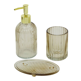 Taupe Ribbed Glass Bathroom Set, 3 Piece Soap Dispenser Tumbler and Soap Dish