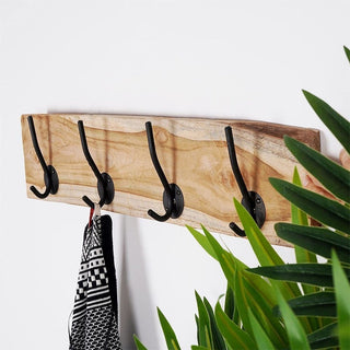 Teak Wall Mounted Coat Rack, 50cm Wooden Wall Mounted Storage Rail 4 Metal Hooks
