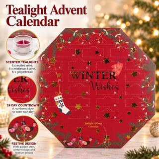 Tealight Candle Christmas Advent Calendar, 24 Tealights with Glass Holder
