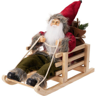 Traditional Santa Claus on Wooden Sleigh | Rustic Father Christmas Figurine
