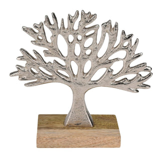 Tree of Life Ornament, 16.5cm Silver Metal Tree Sculpture on Mango Wood Base
