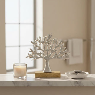 Tree of Life Ornament, 16.5cm Silver Metal Tree Sculpture on Mango Wood Base