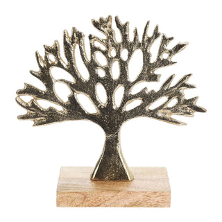 Tree of Life Ornament, 24cm Gold Metal Tree Sculpture on Mango Wood Base