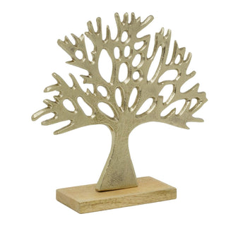 Tree of Life Ornament, 24cm Gold Metal Tree Sculpture on Mango Wood Base