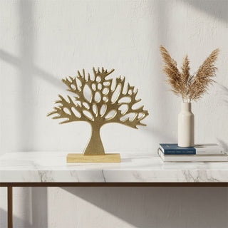 Tree of Life Ornament, 24cm Gold Metal Tree Sculpture on Mango Wood Base