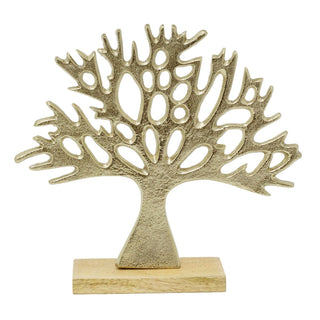 Tree of Life Ornament, 24cm Gold Metal Tree Sculpture on Mango Wood Base