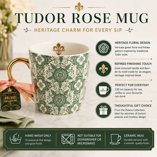 Tudor Rose Mug, 330ml Green Ceramic Tea Mug with Gold-Coloured Handle