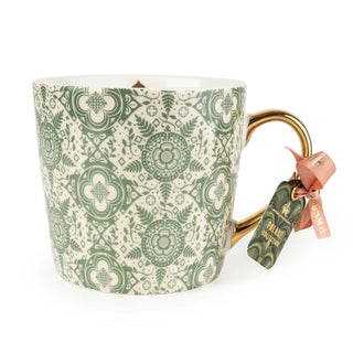 Tudor Rose Mug, 330ml Green Ceramic Tea Mug with Gold-Coloured Handle