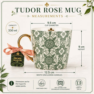 Tudor Rose Mug, 330ml Green Ceramic Tea Mug with Gold-Coloured Handle