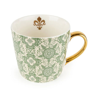 Tudor Rose Mug, 330ml Green Ceramic Tea Mug with Gold-Coloured Handle