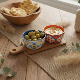 Tuscany Set of 2 Ceramic Snack Bowls with Wooden Paddle Serving Tray - 25cm