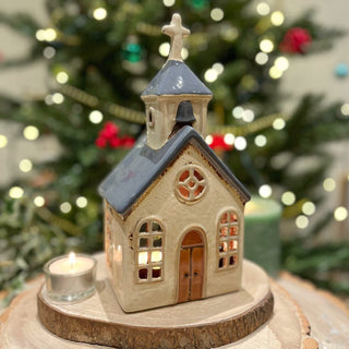 Village Church Tealight Candle Holder | Rustic Pottery Chapel Tea Light Ornament