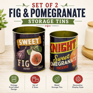 Vintage-Style Set of 2 Fig & Pomegranate Storage Tins, Retro Food-Label Design