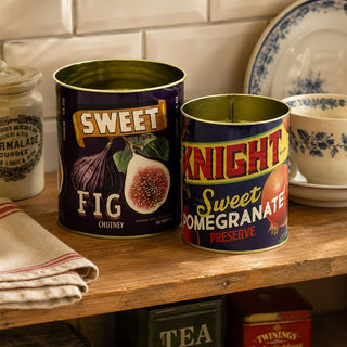 Vintage-Style Set of 2 Fig & Pomegranate Storage Tins, Retro Food-Label Design