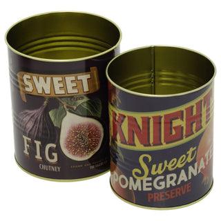 Vintage-Style Set of 2 Fig & Pomegranate Storage Tins, Retro Food-Label Design