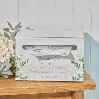 Wedding Card Box, White Wooden Post Box with Floral Design and Quote for Guests