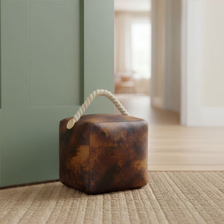 Weighted Faux Leather Doorstop, 16cm Rustic Door Stop with Rope Handle