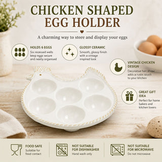 White Ceramic Chicken Shaped Egg Holder, 13.5 cm Glossy Vintage Egg Tray
