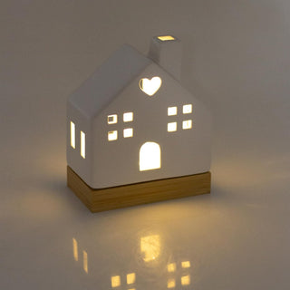 White Ceramic LED Christmas House Ornament On Bamboo Base | Light up Decoration