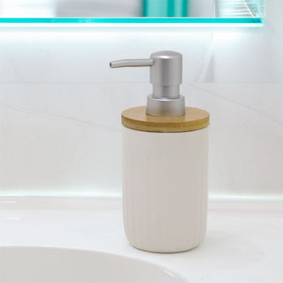 White Ceramic Ribbed Soap Dispenser | Refillable Bathroom Hand Wash Holder