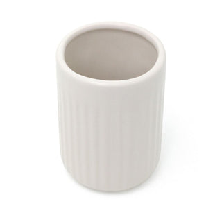 White Ceramic Toothbrush Holder | Ribbed Bathroom Tumbler Storage Cup - 11cm