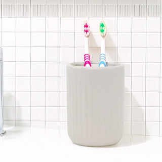 White Ceramic Toothbrush Holder | Ribbed Bathroom Tumbler Storage Cup - 11cm